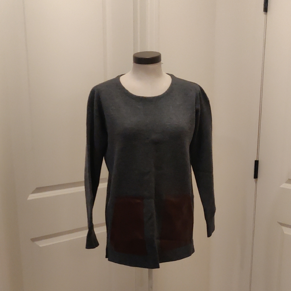 J. Crew Merino Wool Sweater Tunic Leather BrownPockets Size Small Charcoal Grey